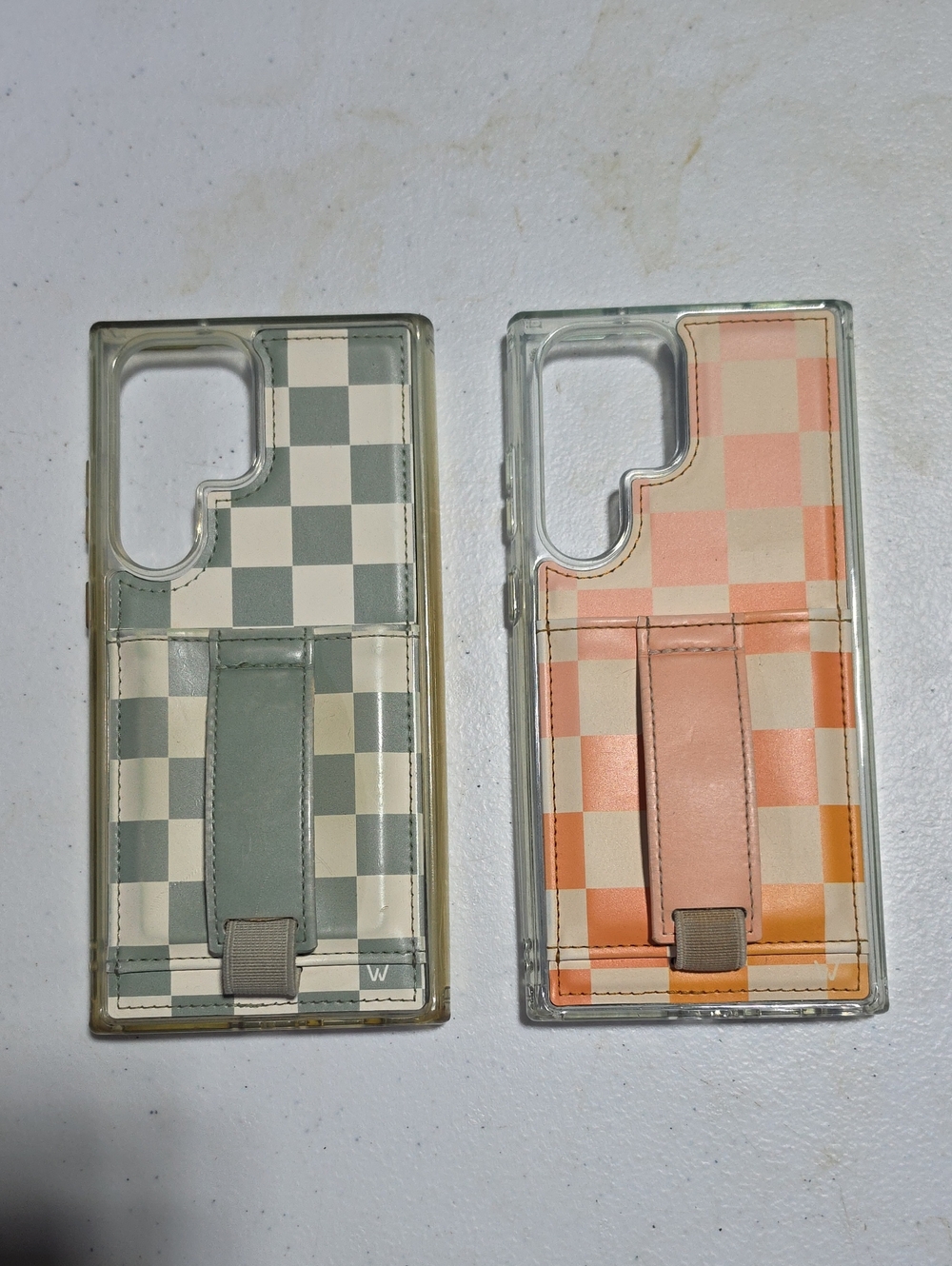 Samsung S23 Ultra Checkered Grip Case with Built-In Strap Kickstand Green &Pink
